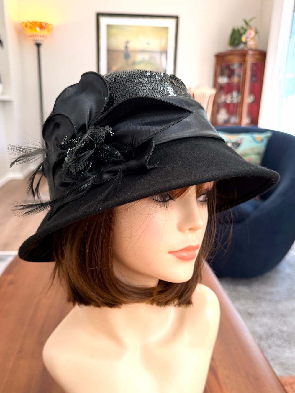 Fine Millinery Sarasota 100% Wool Black Sequin Feather Hat NWT